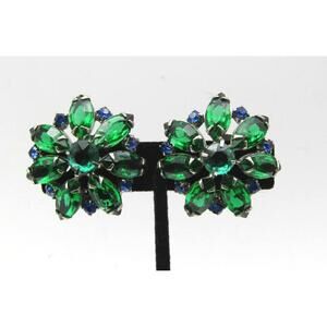 Vintage Green and Blue Rhinestone Clip-On Earrings